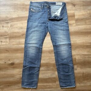 Diesel Buster Jeans Men 32x32 Blue Slim Tapered Medium Wash Whiskered Fade 0857H